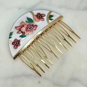 Vintage Cloisonné Decorative Hair Comb White Enamel Floral Design Gold Tone 70s